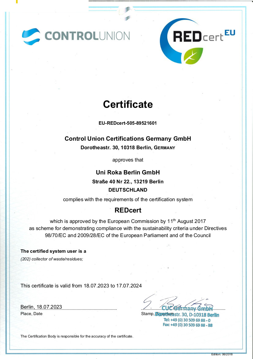 REDcert-EU Zertifikat Uni Roka Berlin