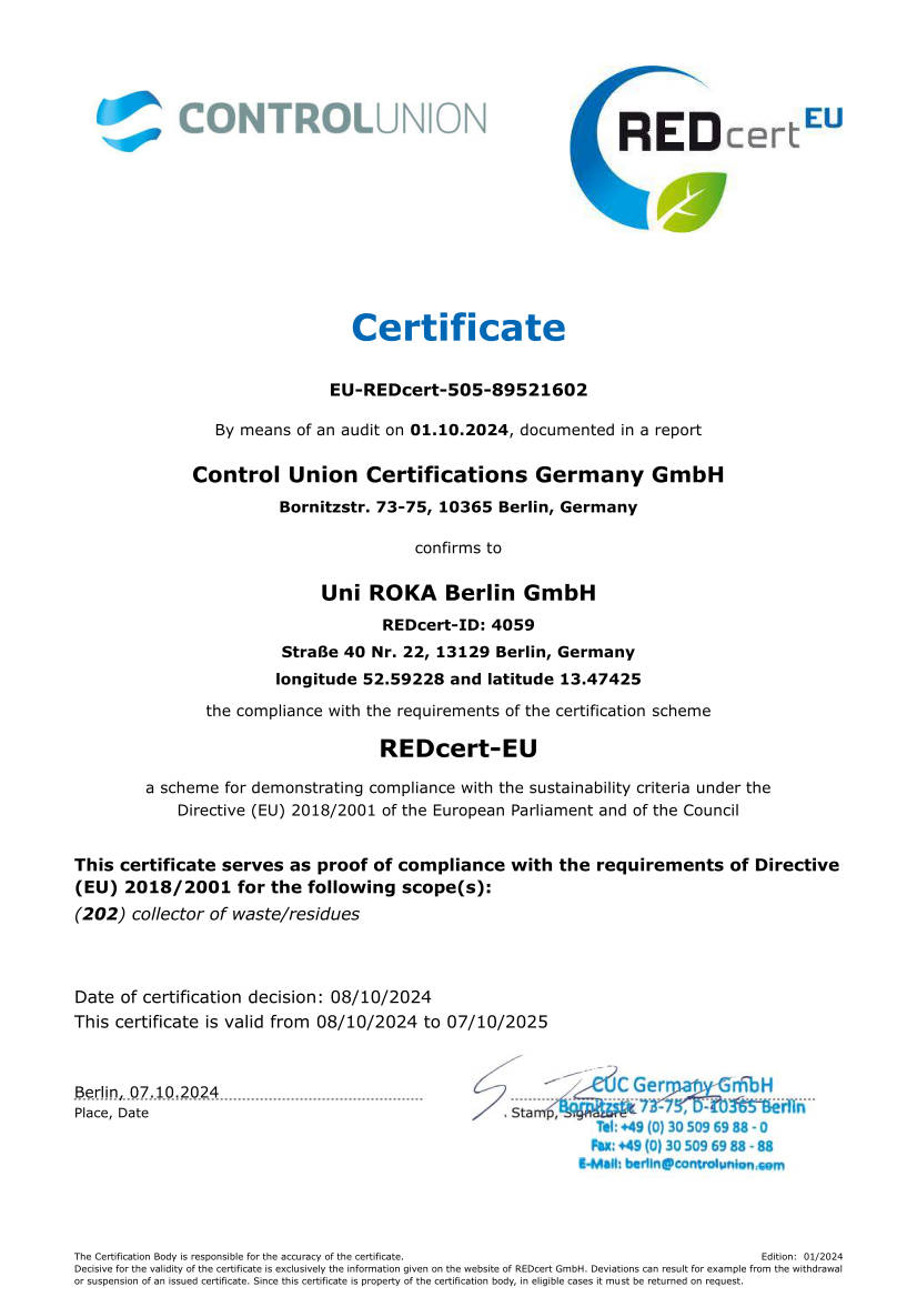 REDcert-EU Zertifikat Uni Roka Berlin